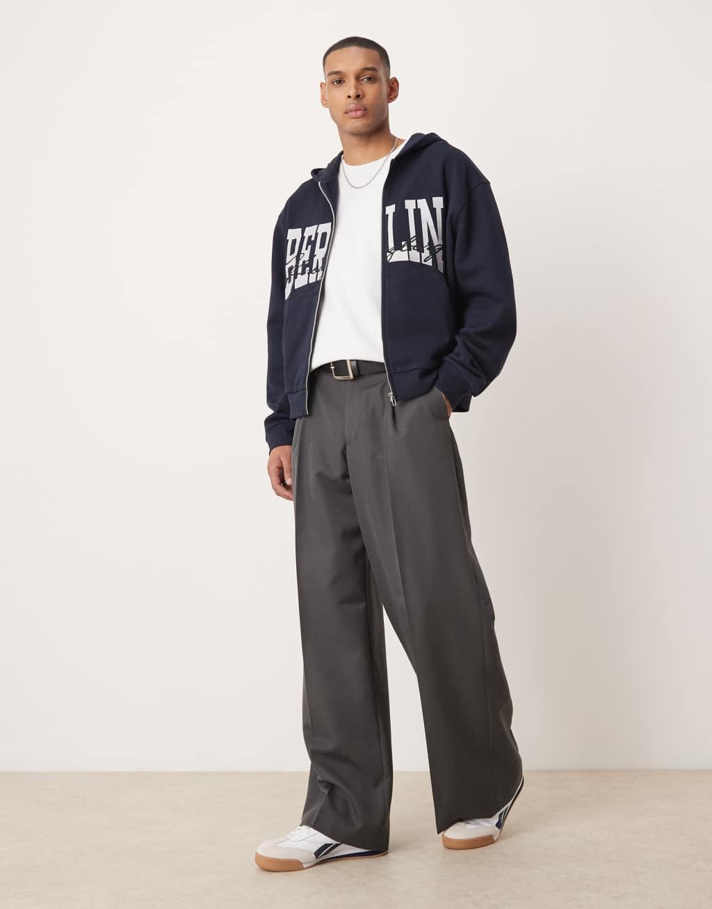 ASOS DESIGN oversized boxy zip through hoodie with berlin print in navy Product Image