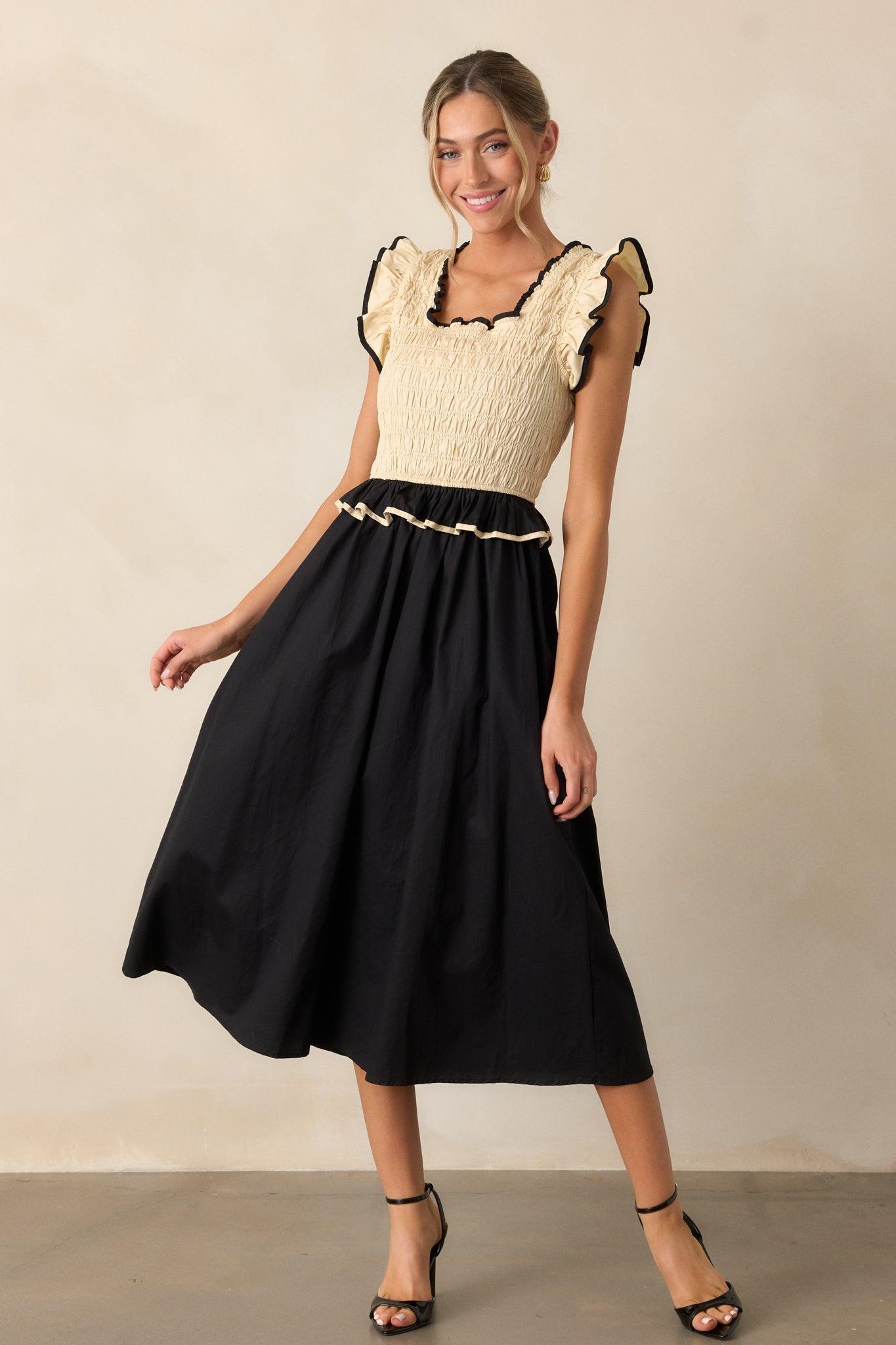 Endless Love Cotton Ivory & Black Smocked Midi Dress Product Image