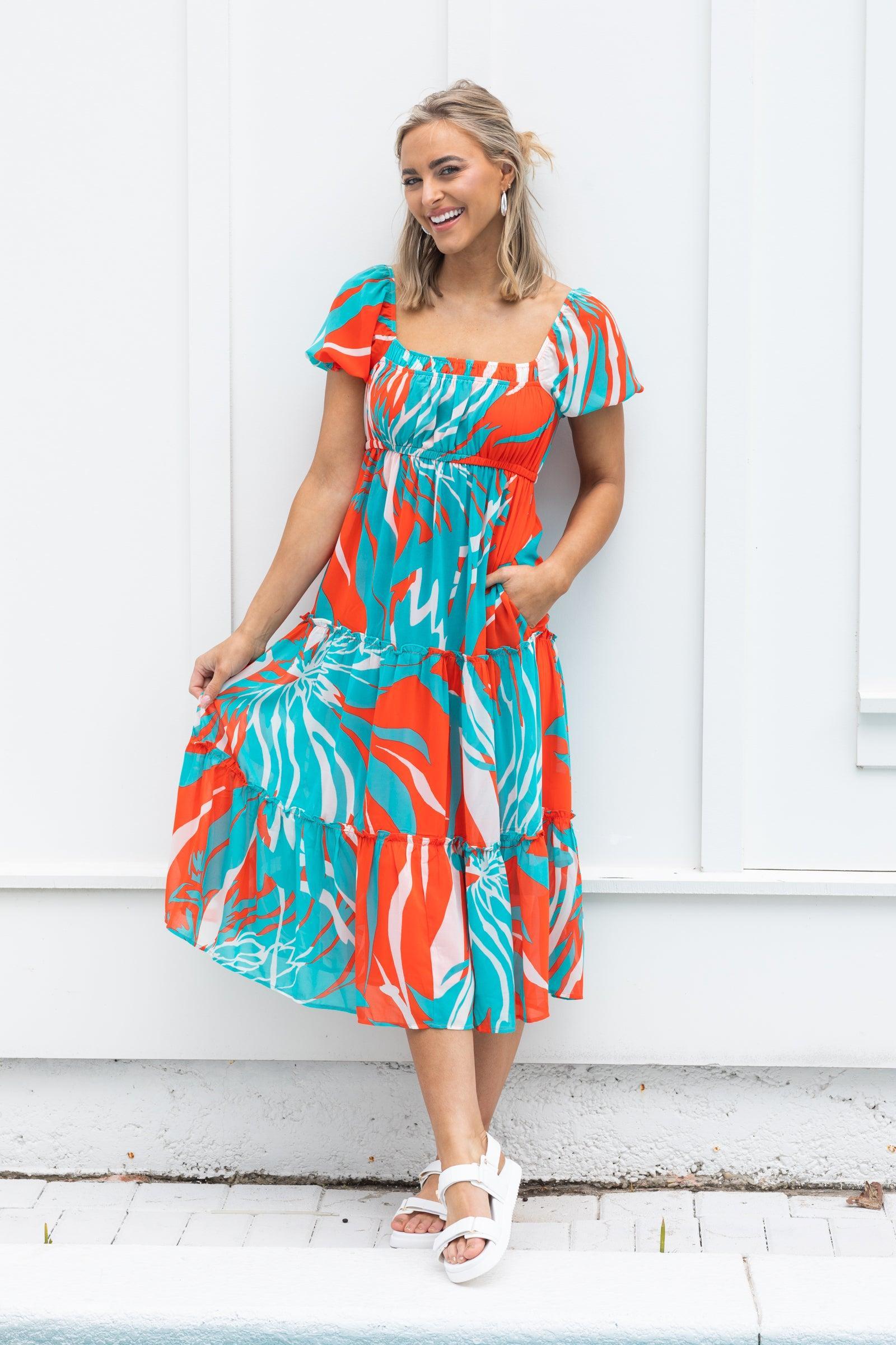 Orange And Aqua Abstract Chiffon Midi Dress Product Image