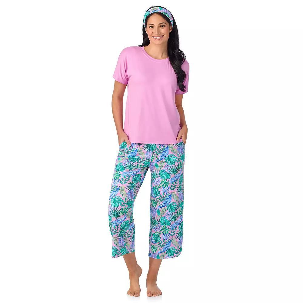 Women's Cuddl Duds® 2-pc. Pajama Crewneck Top & Pajama Capri Pants Set with Matching Headband, Size: XXL, Purple Mono Floral Product Image