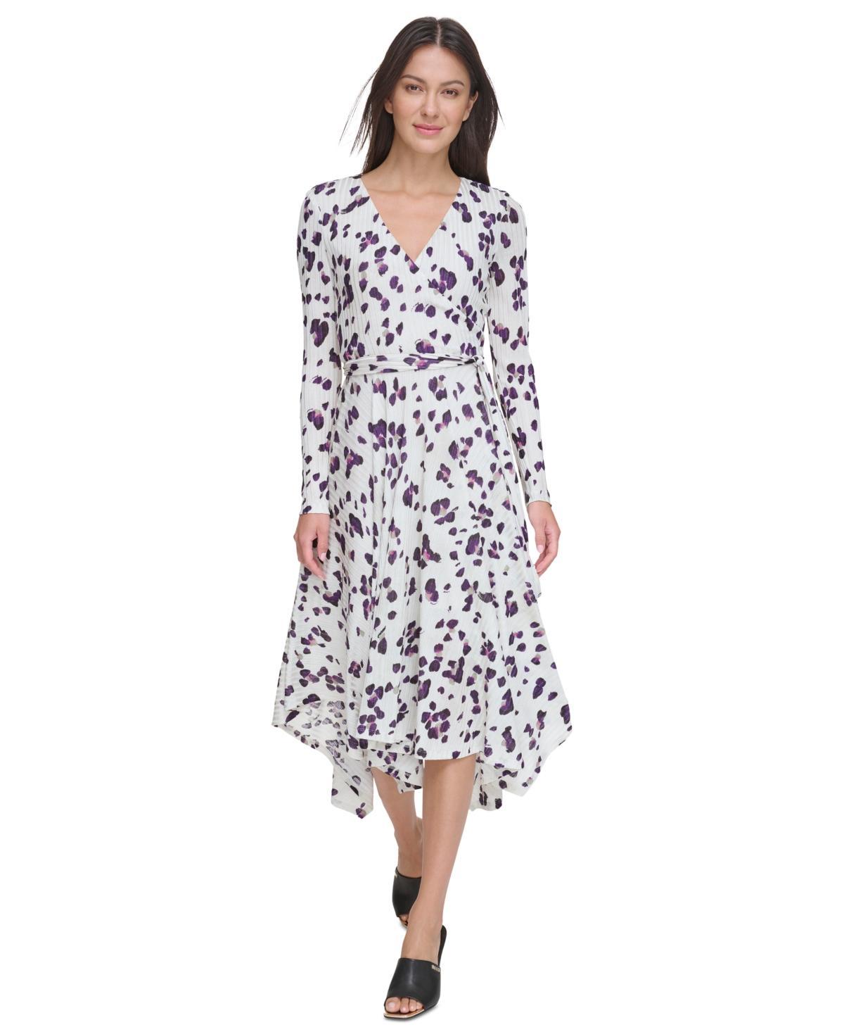 DKNY Long Sleeve Print V-Neck Wrap Dress (Pebble/Black ) Women's Clothing Product Image