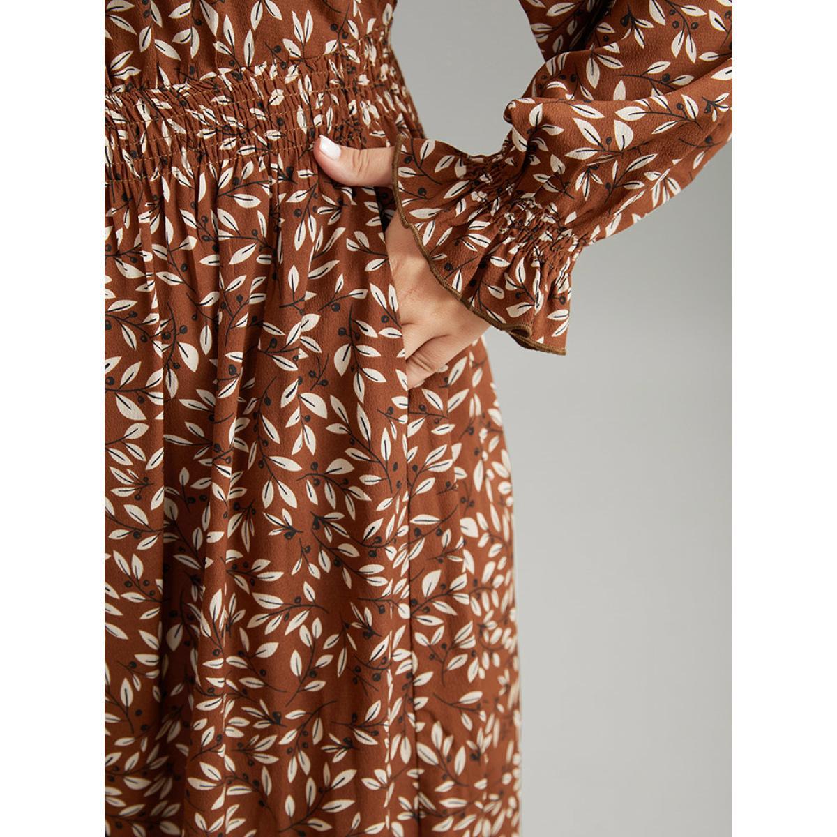 Plus Size Ditsy Floral Flutter Trim Pocket Shirred Dress DarkBrown Women Elegant Printed Notched collar Long Sleeve Curvy Midi Dress BloomChic 12/L Product Image