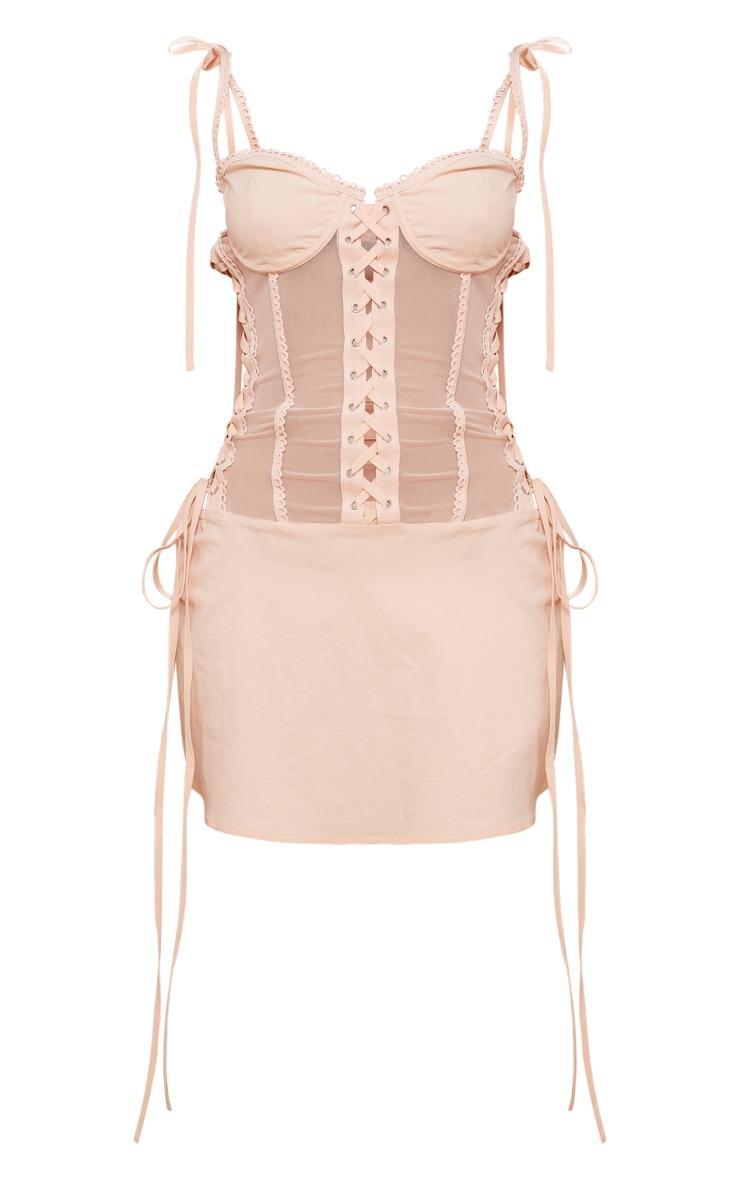 Petite Light Pink Mesh Corset Lace-up Fitted Mini Dress Product Image