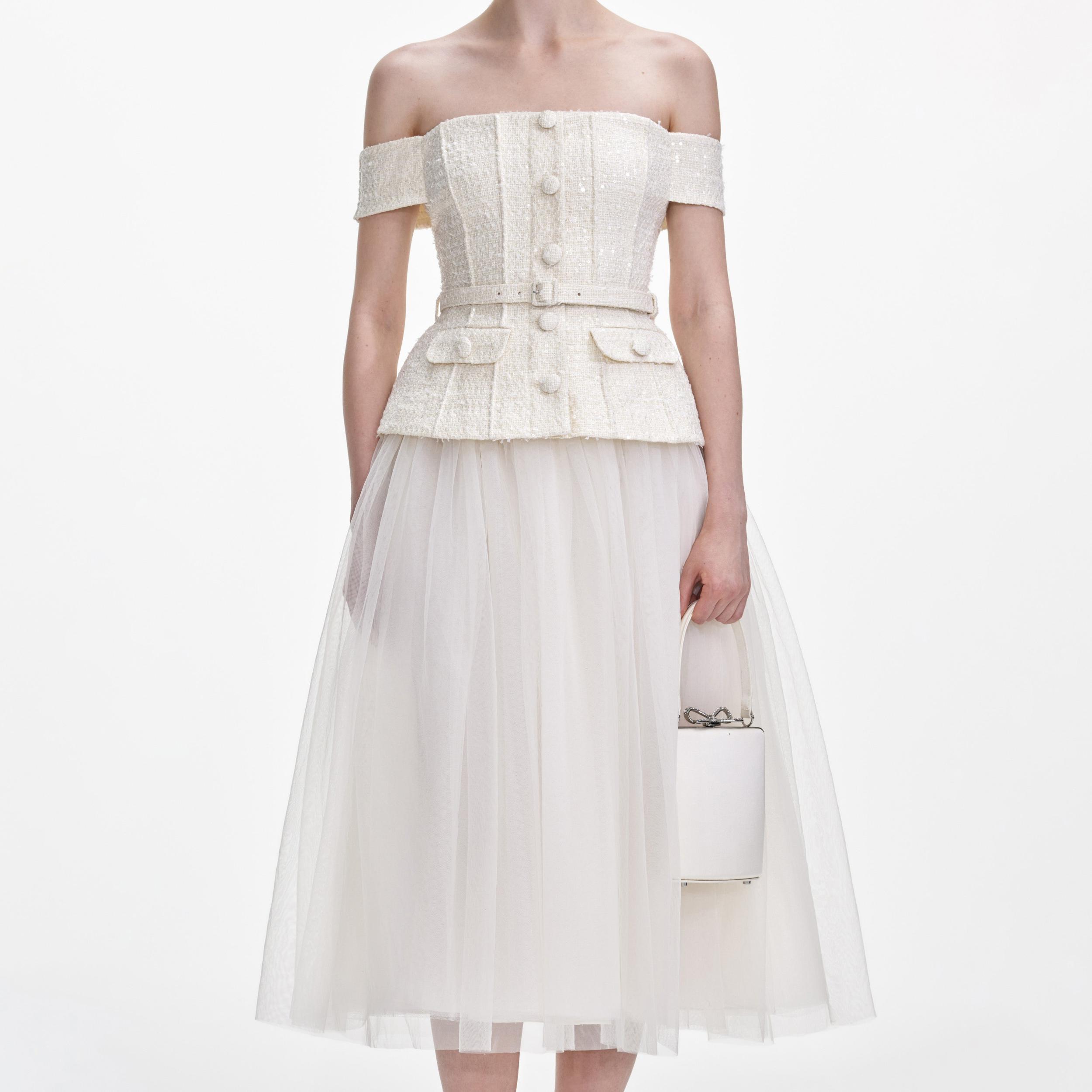 Cream Boucle Tulle Midi Dress Product Image