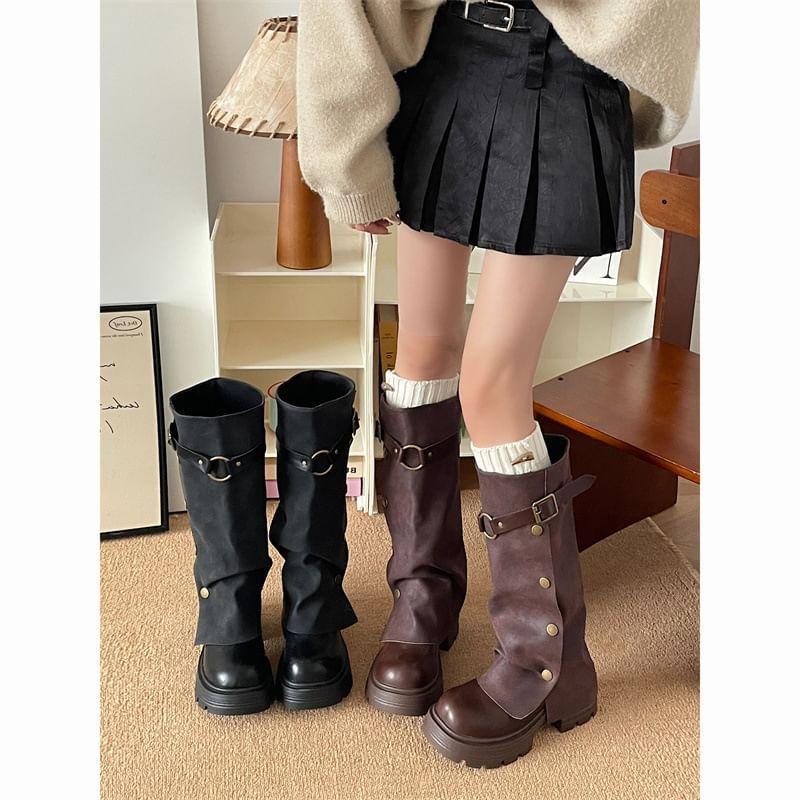 Platform Buckled Panel Knee High Boots Product Image