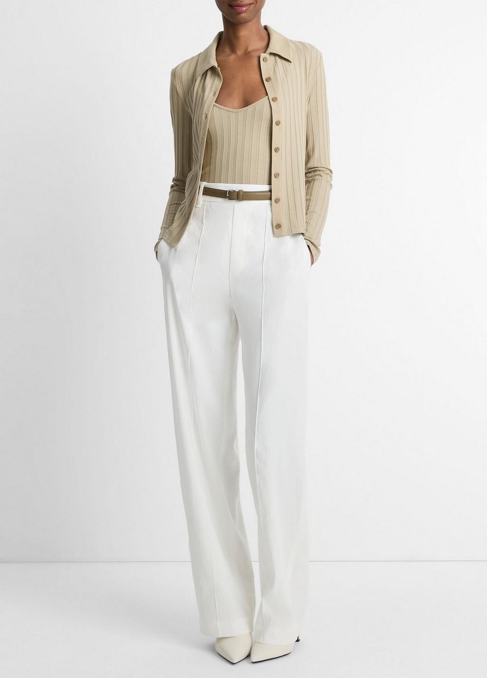 Ribbed Collared Long-Sleeve Button-Front Top Product Image