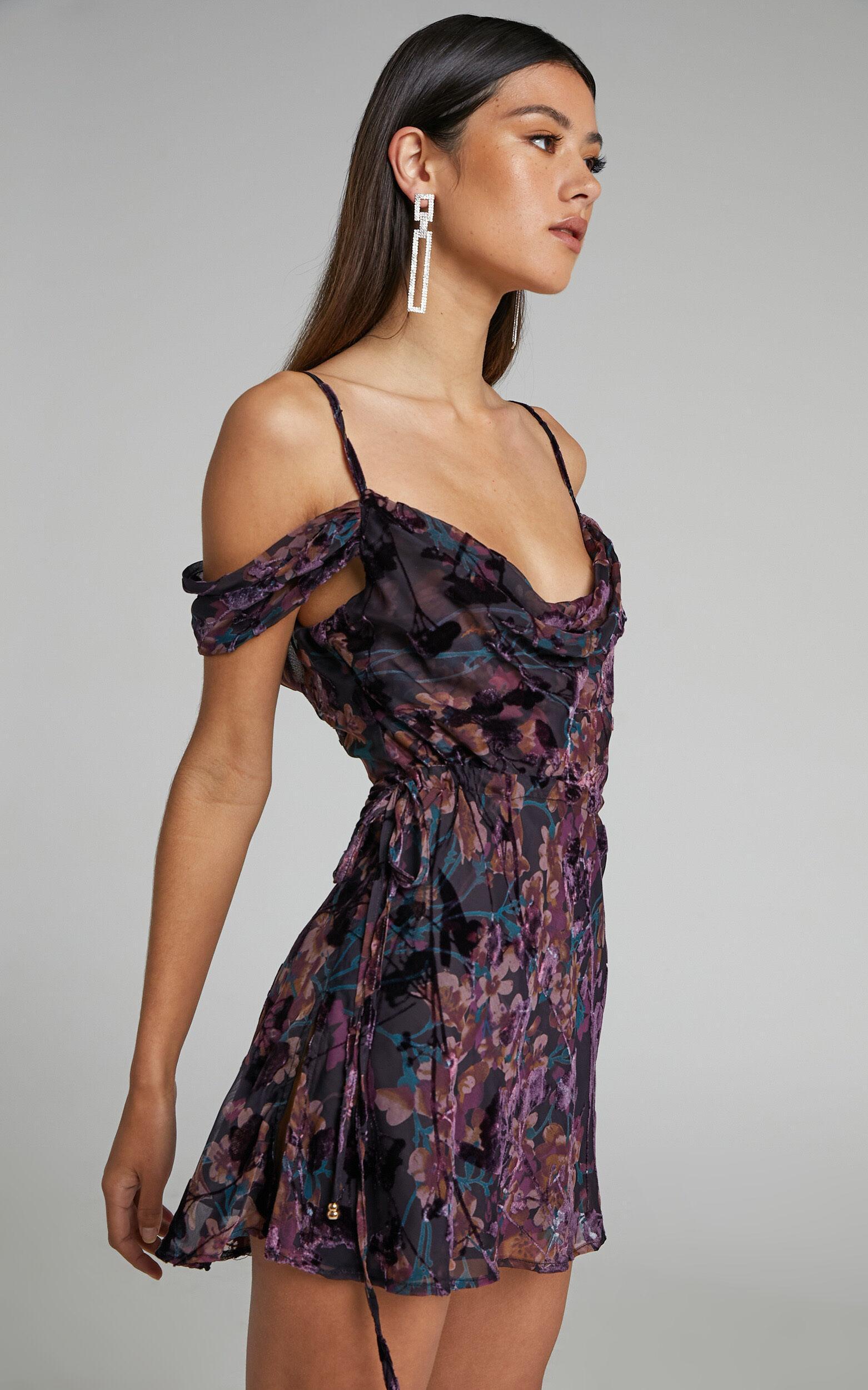 Aletta Mini Dress - Strappy Off Shoulder Cowl Neck Dress in Aletta Burn Out Floral Product Image