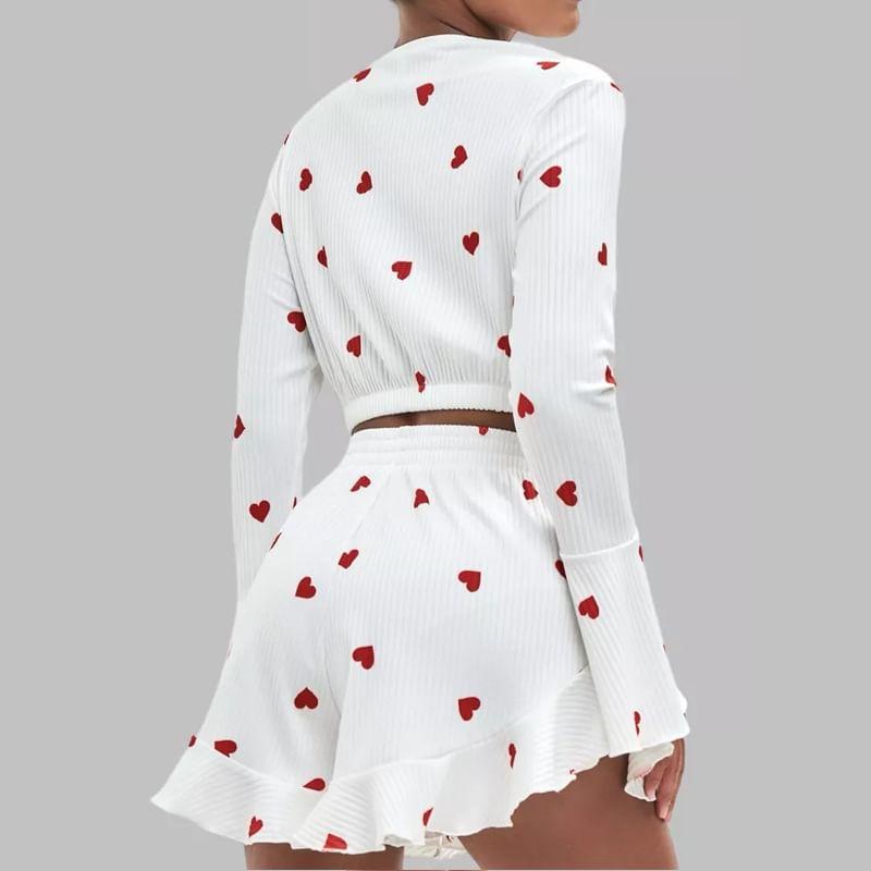Pajama Set: Bell Sleeve Crew Neck Heart Print Crop Top + Elastic Waist Ruffle Shorts Product Image
