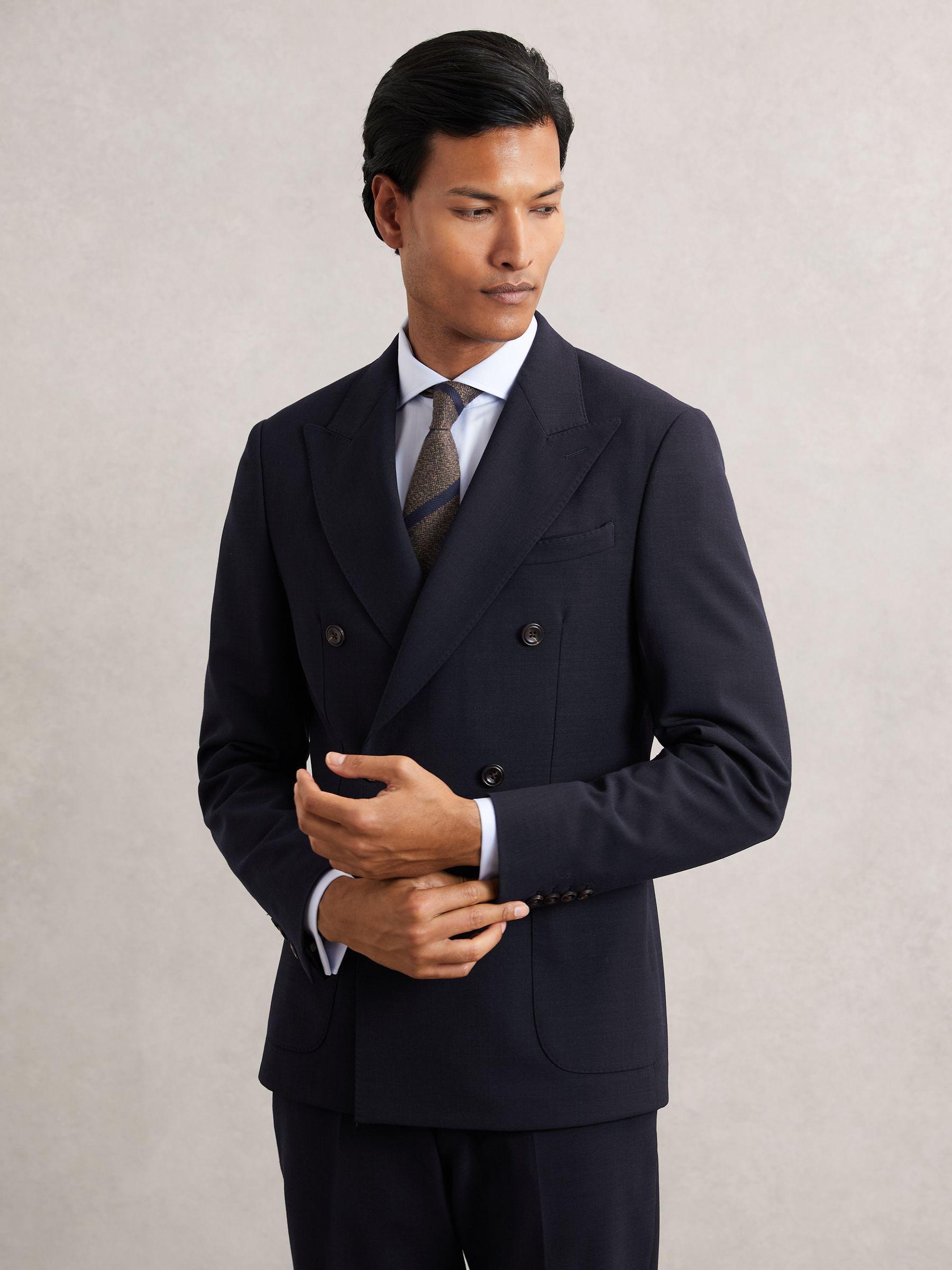 Double-Breasted Textured Suit Blazer Slim-Fit With Wool in Navy Product Image