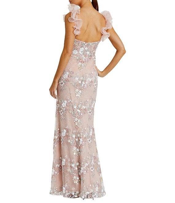 Mac Duggal Sweetheart Neck Ruffle Shoulder Floral Embroidered Column Gown Product Image