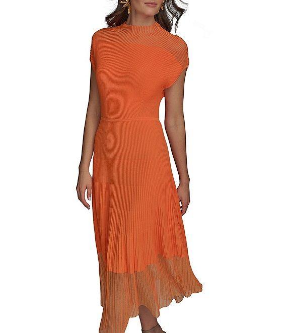 Donna Karan Mock Neck Short Sleeve Ribbed Knit Midi Dress Product Image