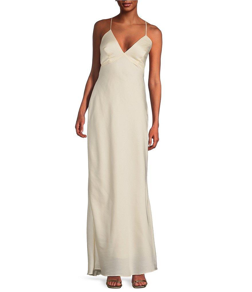 B. Darlin Bubble Satin V-Neck Spaghetti Strap Criss Cross Back Long Dress Product Image