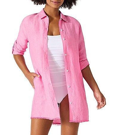 Tommy Bahama St. Lucia Point Collar Short Roll-Tab Sleeve Fray Hem Button Front Boyfriend Swim Cover Up Product Image