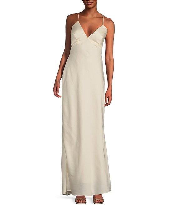 B. Darlin Bubble Satin V-Neck Spaghetti Strap Criss Cross Back Long Dress Product Image