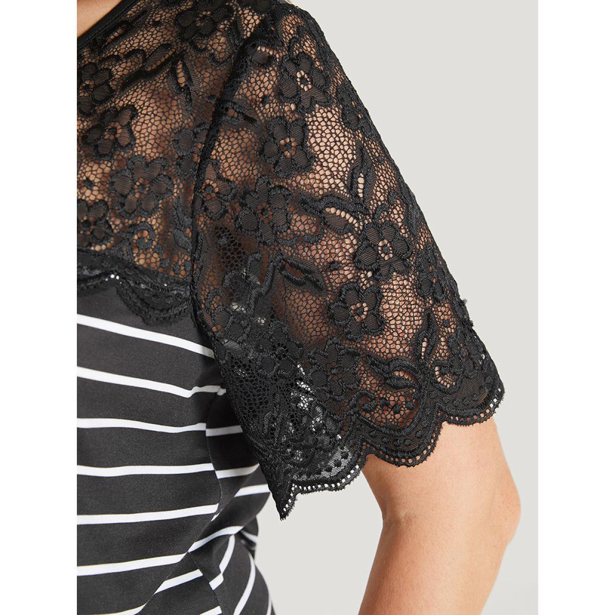 Plus Size Striped Patchwork Lace Scalloped Trim T-shirt Black Women Elegant Contrast Striped Round Neck Dailywear T-shirts BloomChic 26/4X Product Image
