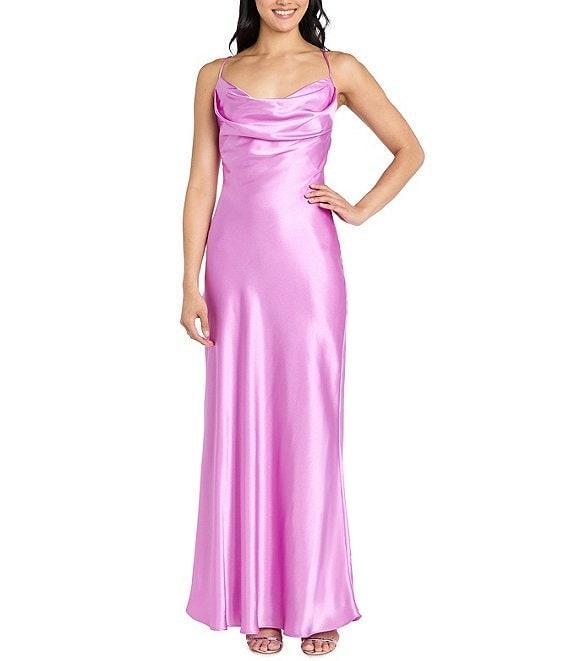 Morgan & Co. Sleeveless Long Spaghetti Strap Charmeuse Draped Front And X Back Long Dress Product Image