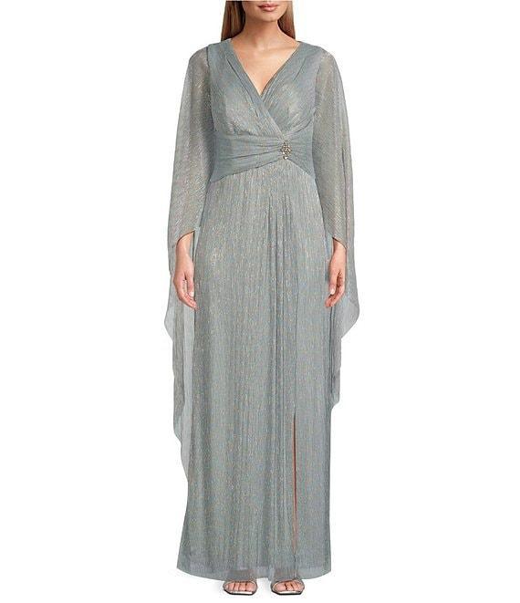 R & M Richards Long Cape Sleeve V-Neck Metallic Knit Dress Product Image