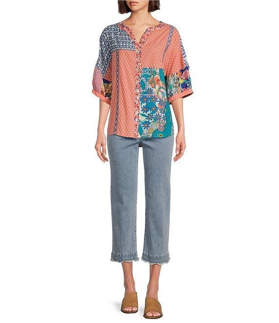 John Mark Clip Dot Embroidered Mix Print Dolman Sleeve Button Front Shirt Product Image