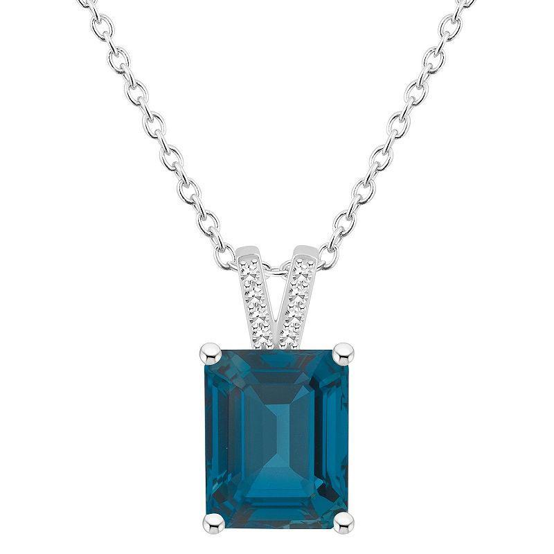 Alyson Layne Sterling Silver 10 mm x 8 mm Emerald Cut Gemstone & Diamond Accent Pendant Necklace, Womens London Blue Topaz Product Image