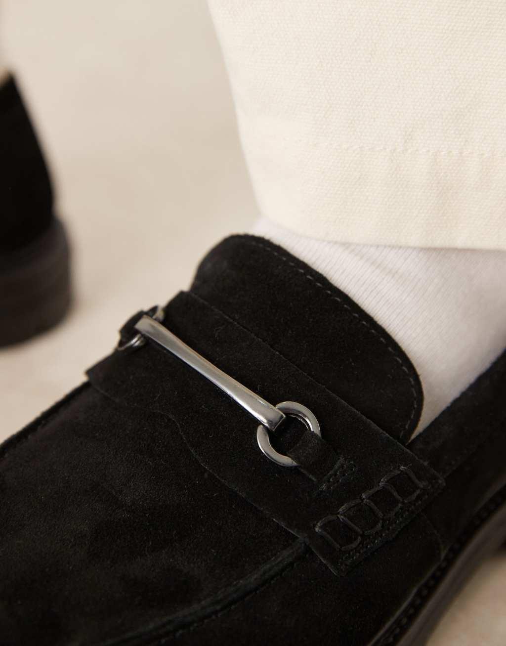 ASOS DESIGN chunky loafers in black suede with snaffle Product Image