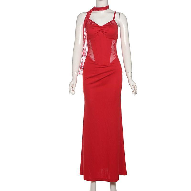 Spaghetti Strap V-Neck Plain Ruched Panel Lace Maxi Sheath Dress Product Image