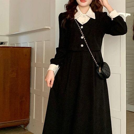 Mock Two-Piece Long-Sleeve Collar Two Tone Button Corduroy Midi A-Line Dress Product Image