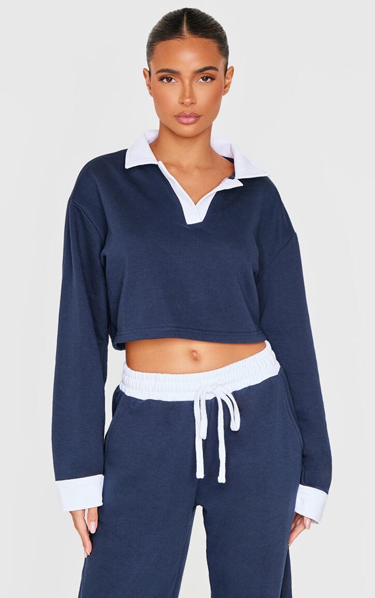 Navy Contrast Panel Collared Cropped Sweatshirt Product Image