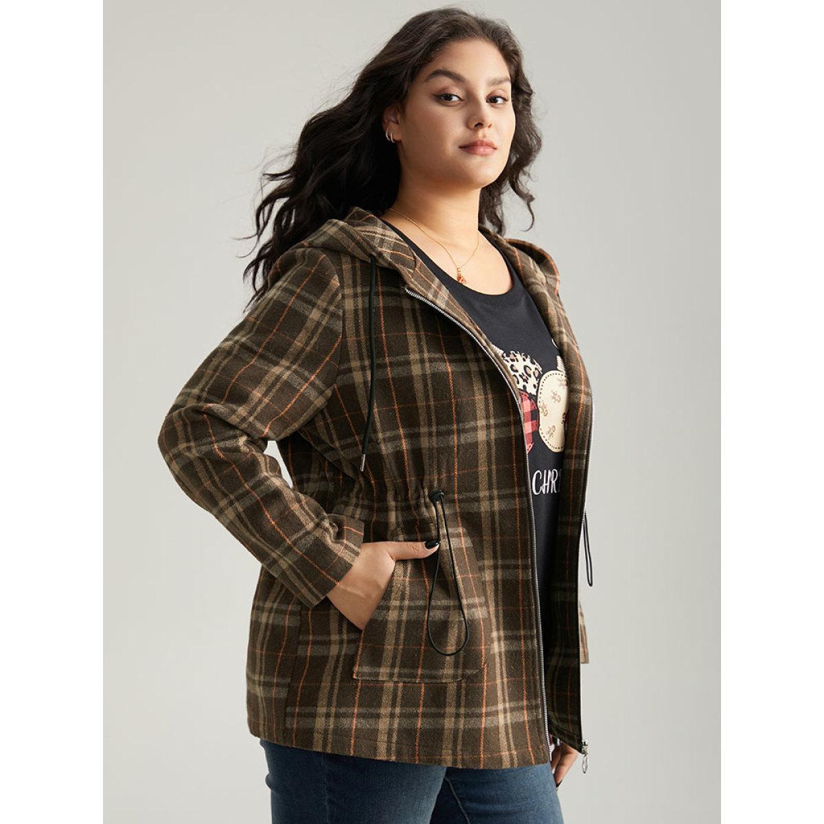 Plus Size Plaid Drawstring Slant Pocket Coat Women DarkBrown Casual Contrast Ladies Dailywear Winter Coats BloomChic 18-20/2X Product Image