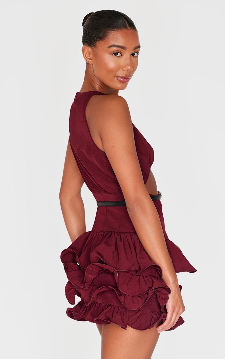 Wine Cut Out Belted Frill Hem Shift Dress Product Image