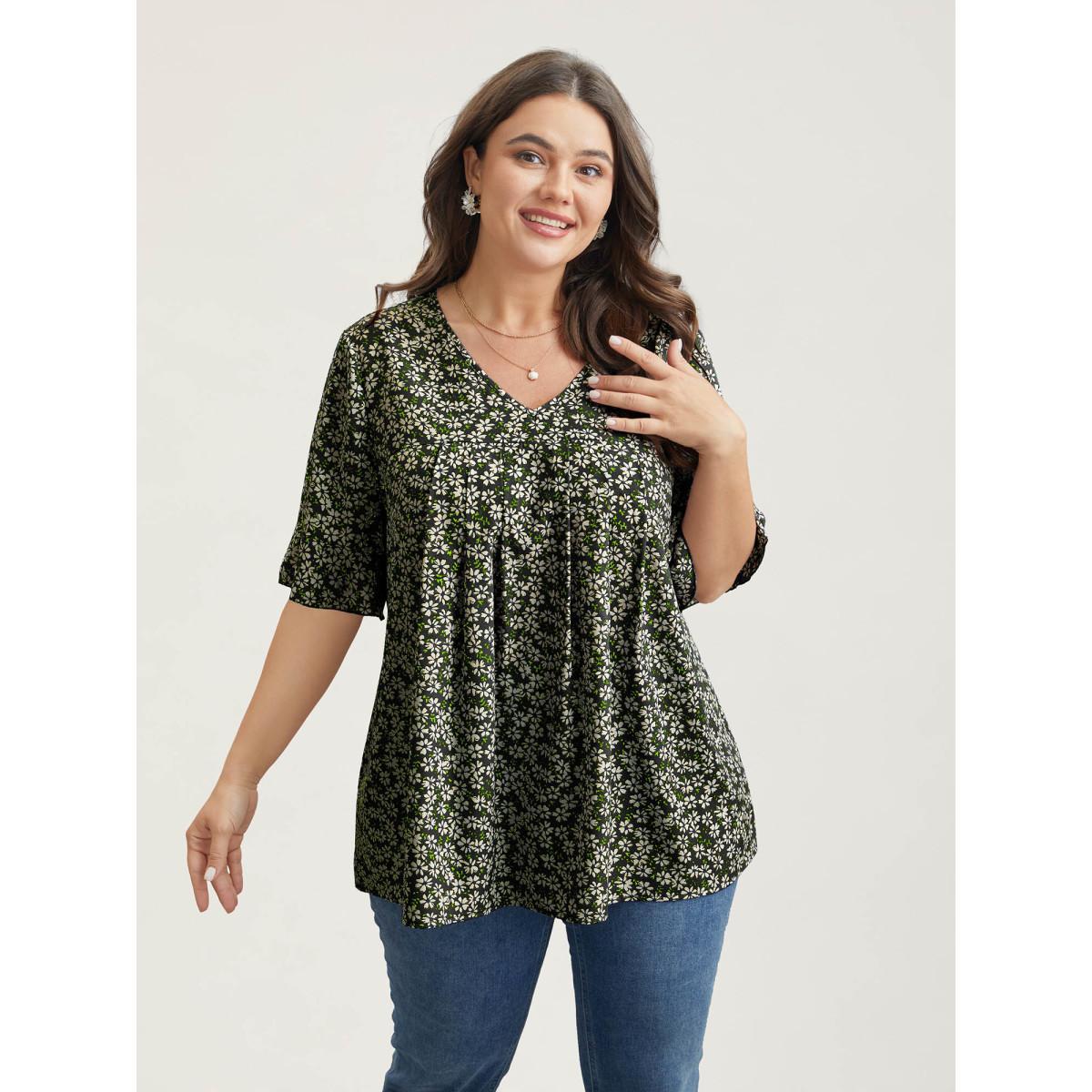 Plus Size Black Ditsy Floral Pleated Flared Sleeve Shirt Women Timeless Half Sleeve V-neck Elegant Blouses BloomChic 14-16/1X Product Image