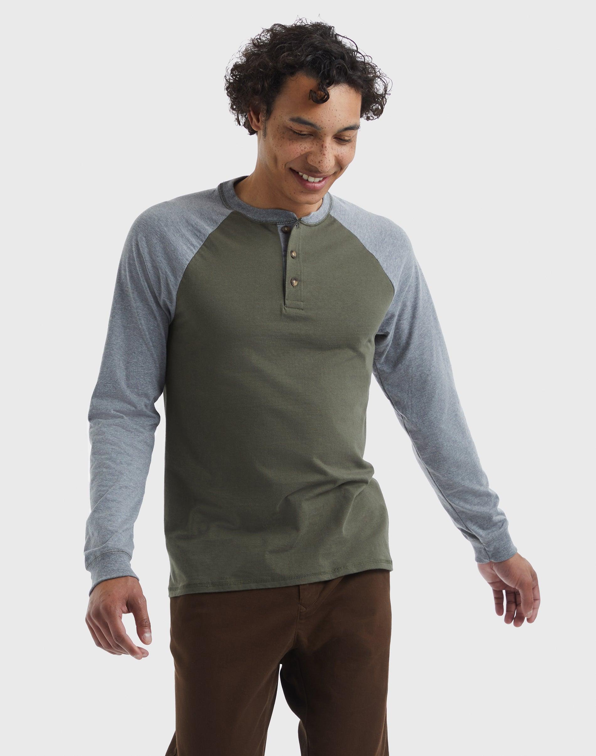 Hanes Beefy-T Mens Long Sleeve Colorblock Henley Oxford Gray/Slate Heather XL Product Image