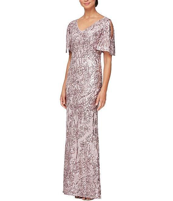 Alex Evenings Floral Sequin Cold Shoulder Short Flutter Sleeve V-Neck Sheath Long Gown Product Image