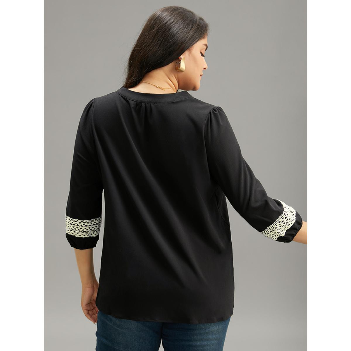 Plus Size Black Patchwork Tassel Trim Knot Lantern Sleeve Blouse Women Vacation Long Sleeve V-neck Dailywear Blouses BloomChic 14-16/1X Product Image