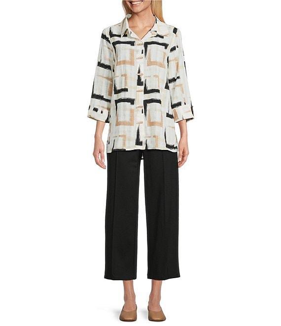 Multiples Petite Size Yarn-Dyed Geometric Print Point Collar 3/4 Turn-Up Sleeve Button Front Shirt Product Image