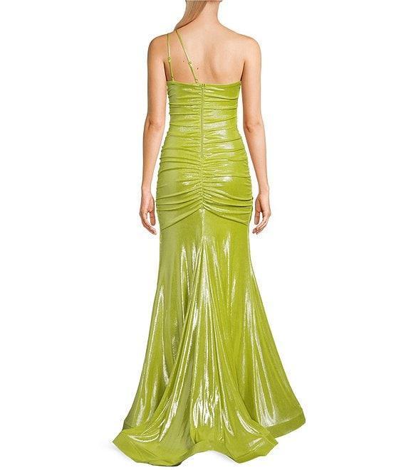 B. Darlin Foil One Shoulder Double Spaghetti Strap Shirred Long Dress Product Image