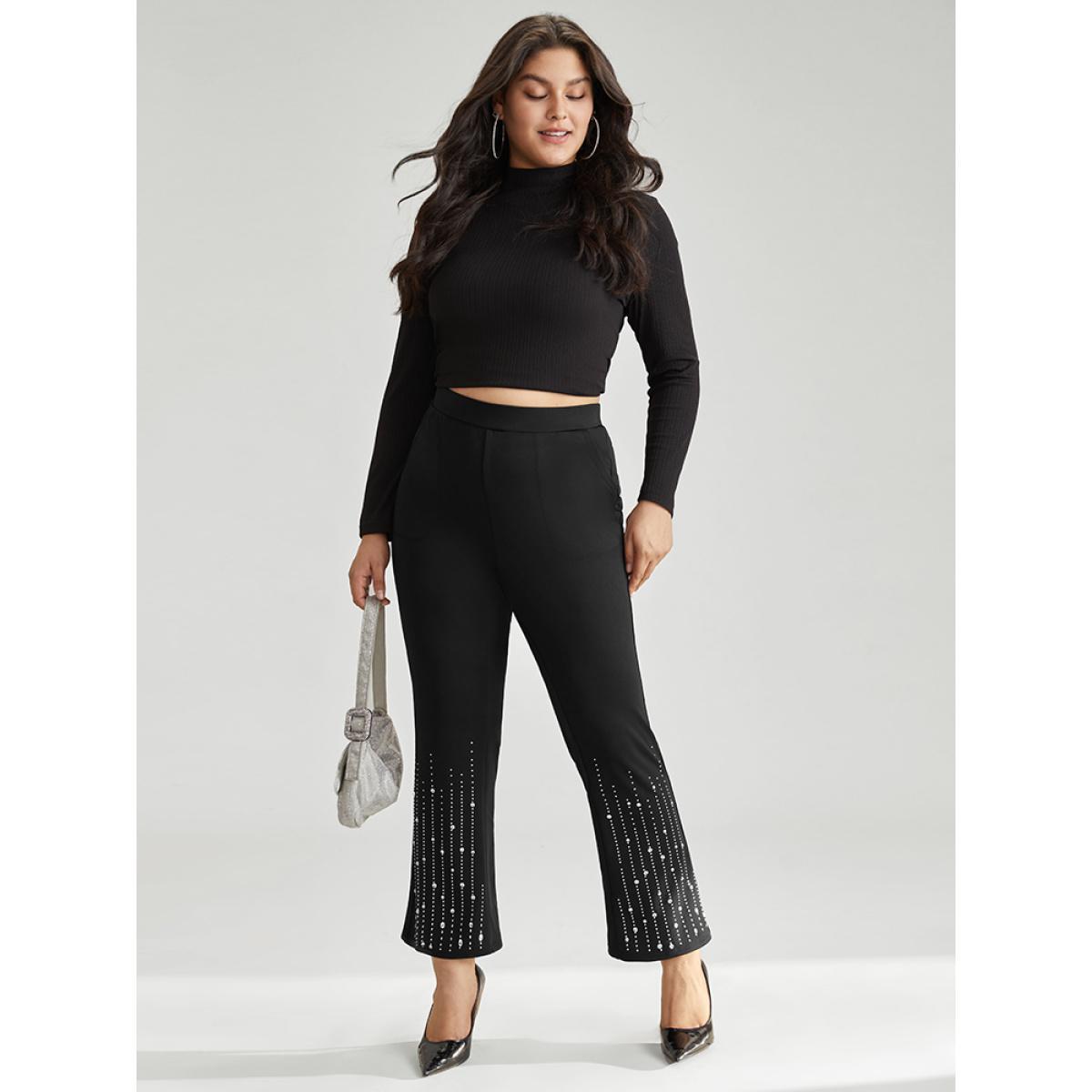 Plus Size Rhinestone Elastic Waist Bootcut Pants Women Black Cocktail Bootcut High Rise Party Pants BloomChic 14-16/1X Product Image
