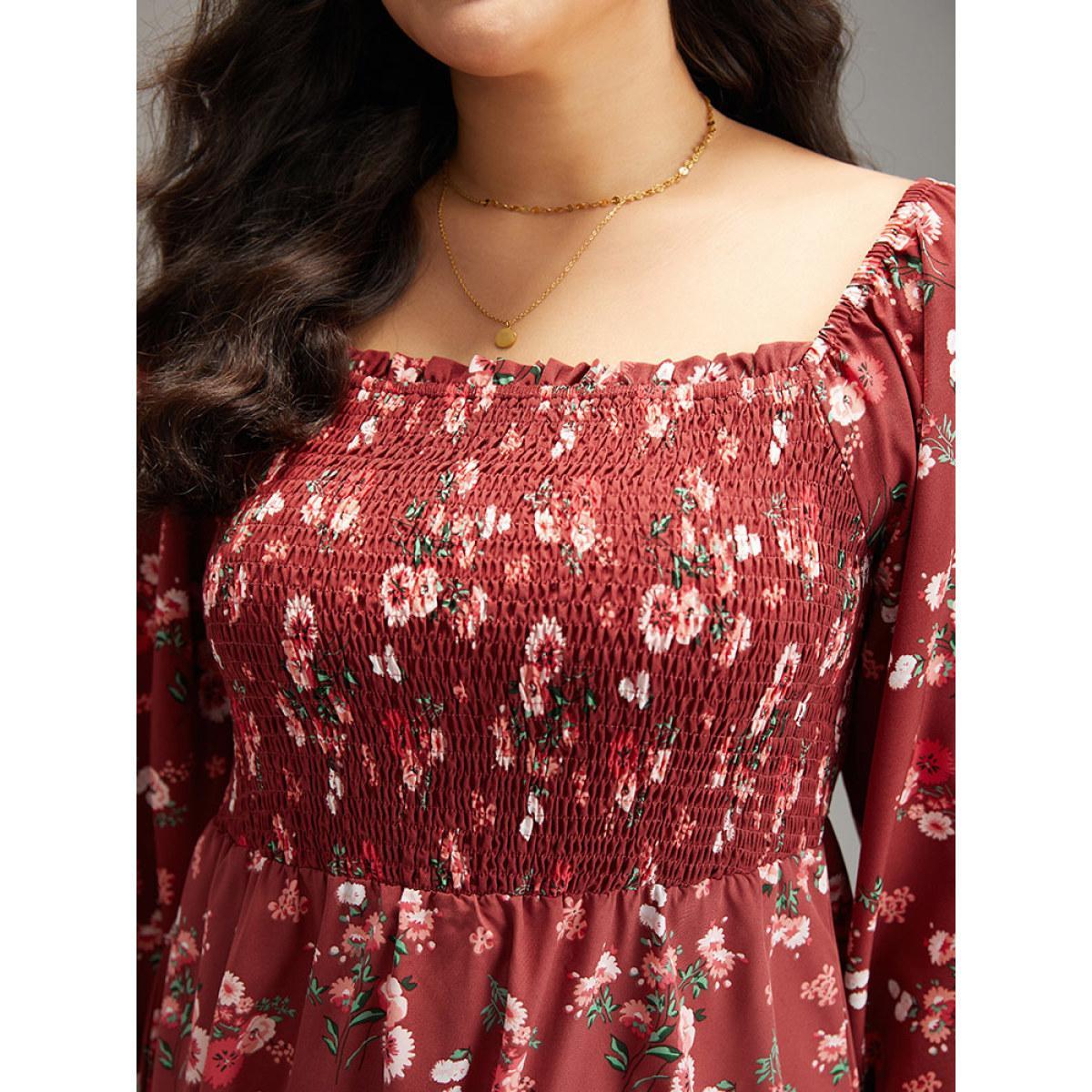 Plus Size Floral Print Shirred Elastic Cuffs Dress Russet Women Elegant Elastic cuffs Square Neck Long Sleeve Curvy Midi Dress BloomChic 10/M Product Image
