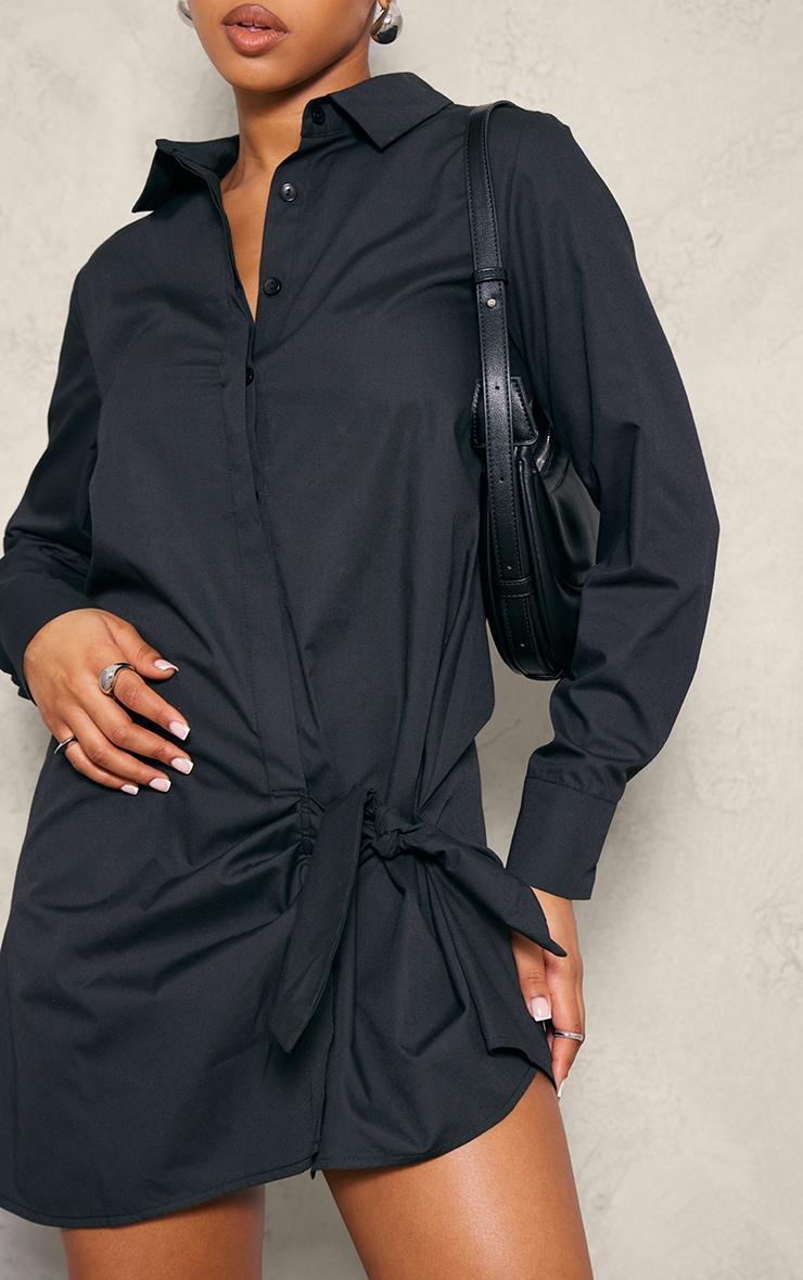 Black Cotton Poplin Knot Shirt Dress Product Image