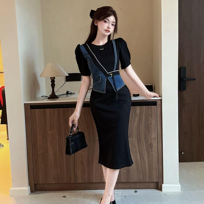 Mock Two-Piece Short-Sleeve Denim Panel Midi Sheath Dress Product Image