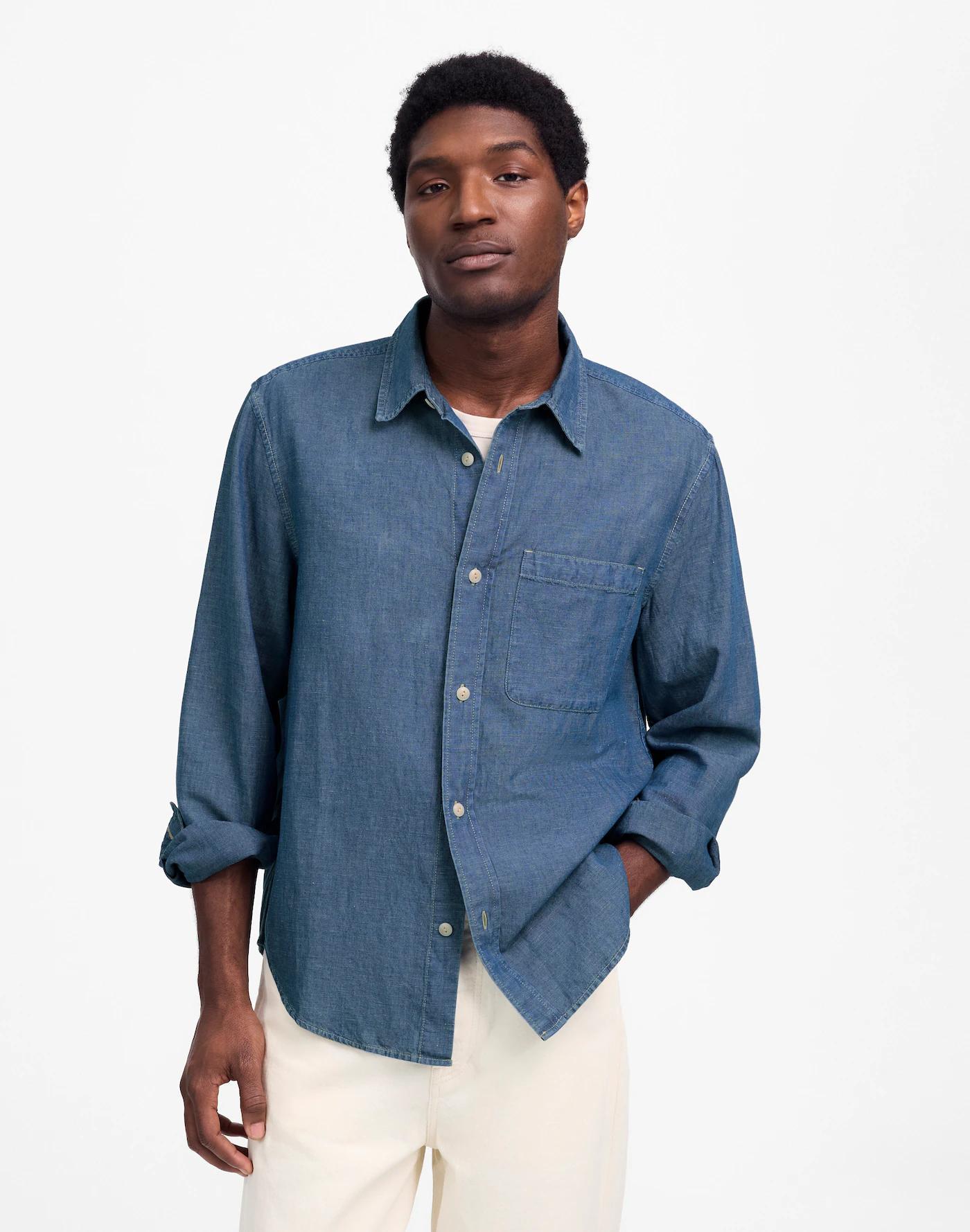 Chambray Button-Up Shirt in Cotton-Linen Blend Product Image