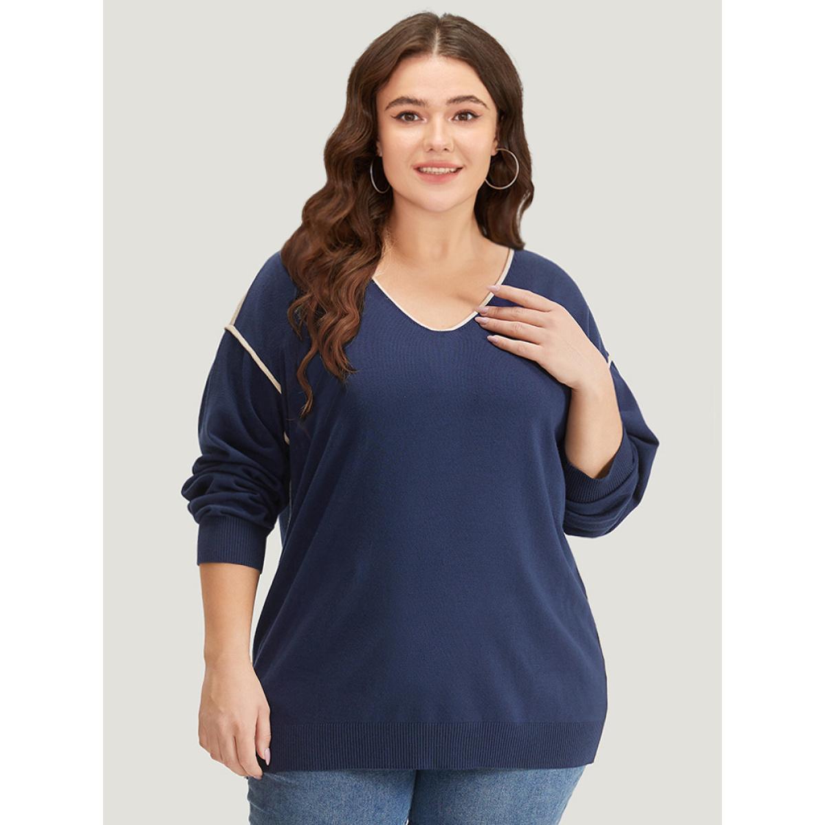 Plus Size Supersoft Essentials Contrast Trim Drop Shoulder Pullover Navy Women Casual Loose Long Sleeve V-neck Dailywear Pullovers BloomChic 18-20/2X Product Image