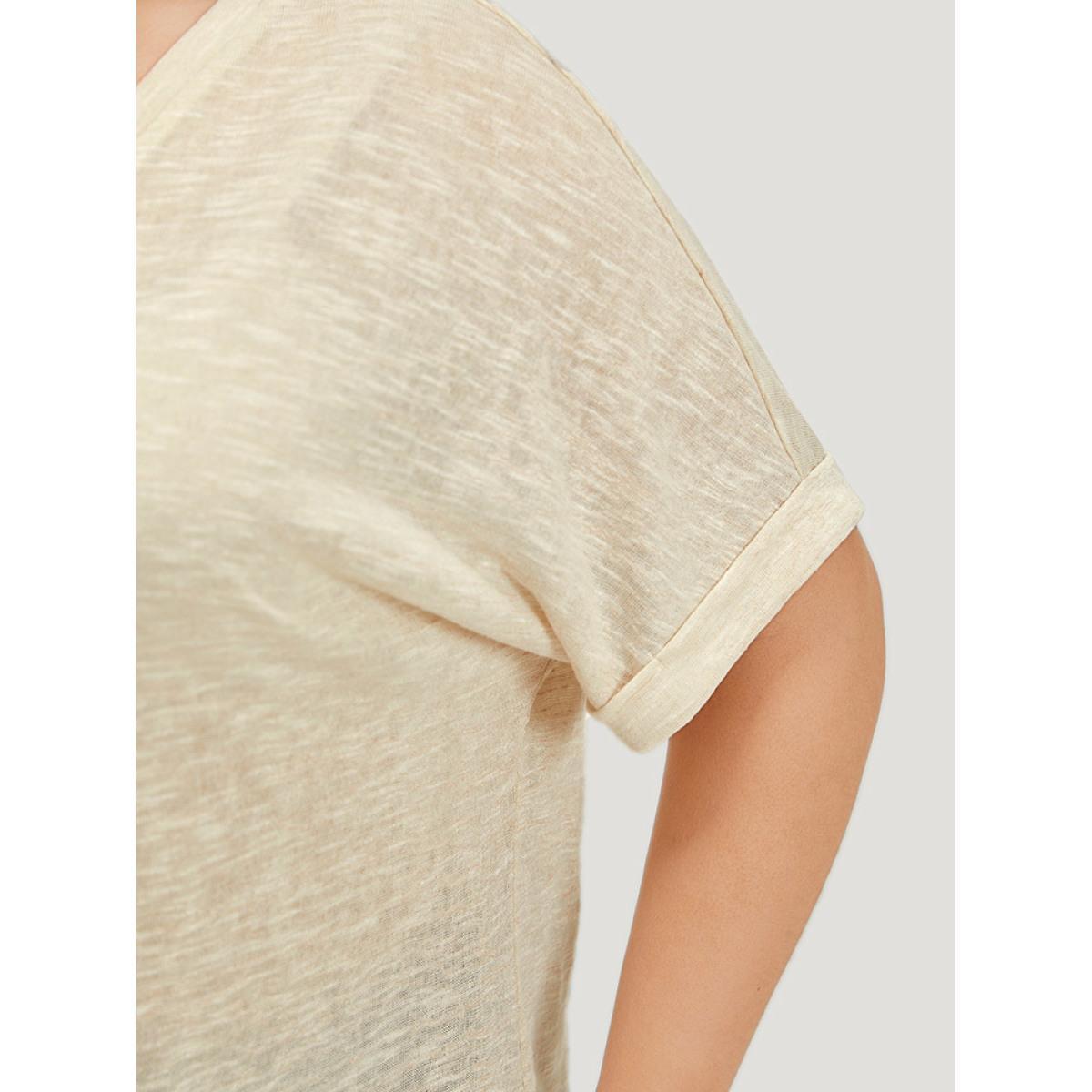 Plus Size Solid Mesh Heather Roll Batwing Sleeve T-shirt Beige Women Casual See through Plain V-neck Dailywear T-shirts BloomChic 14-16/1X Product Image