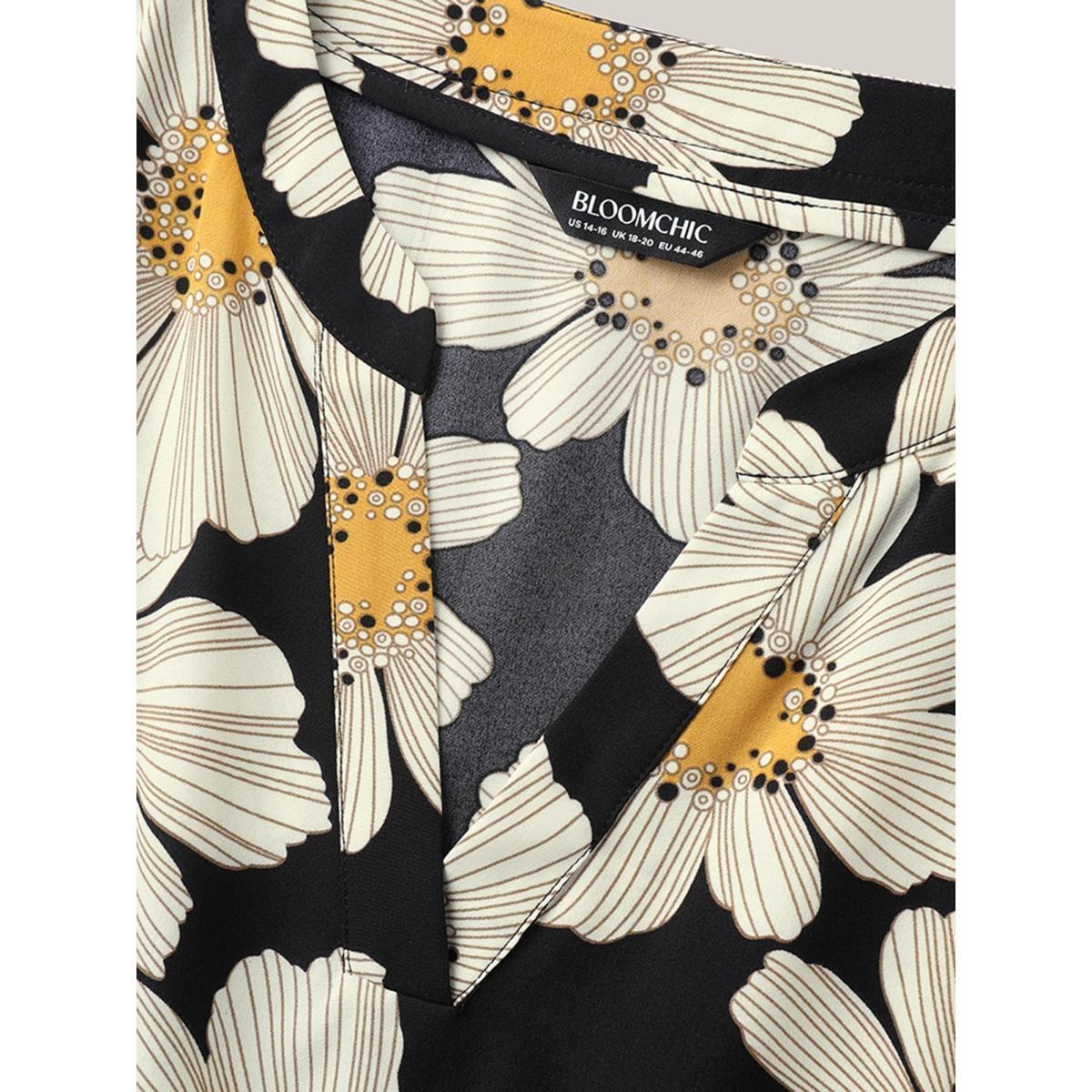 Plus Size Large Floral Print Notched Collar Midi Dress Black Women Notched collar Short sleeve Curvy BloomChic 10/M Product Image