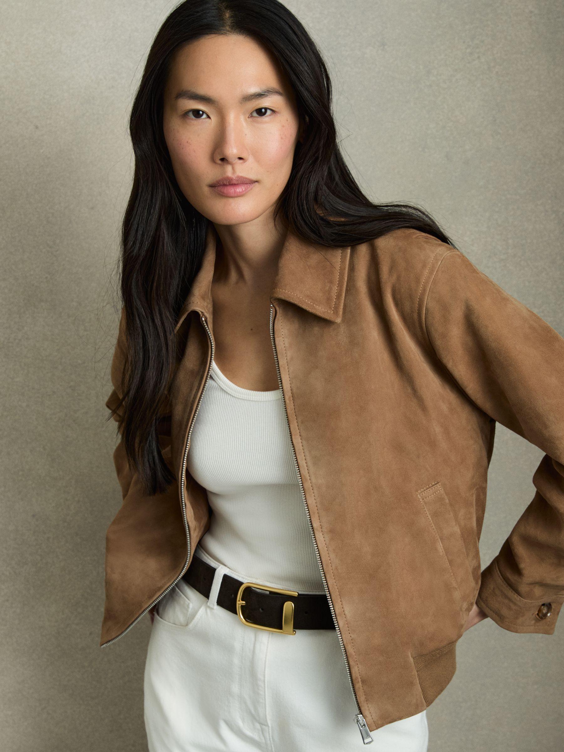 Suede Zip Through Bomber Jacket in Tan Product Image