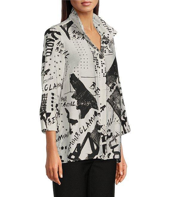 Ali Miles Black White Print Wire Collar 3/4 Sleeve Button Front Tunic Product Image