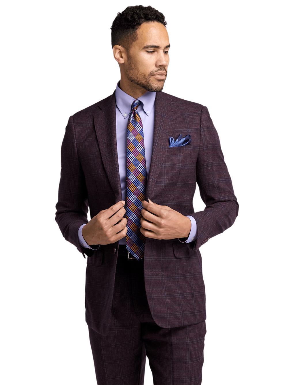 Wool Plaid Single Breasted Notch Lapel Suit Jacket - Wine Product Image