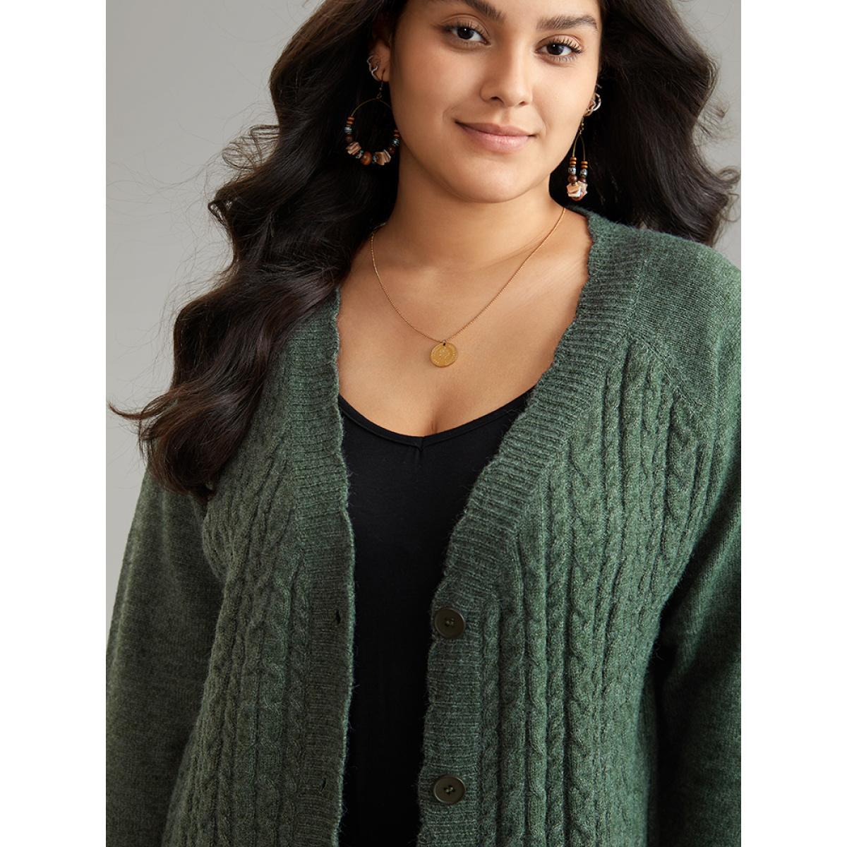 Plus Size Solid Cable Knit Scalloped Trim Cardigan DarkGreen Women Casual Loose Long Sleeve Dailywear Cardigans BloomChic 26/4X Product Image