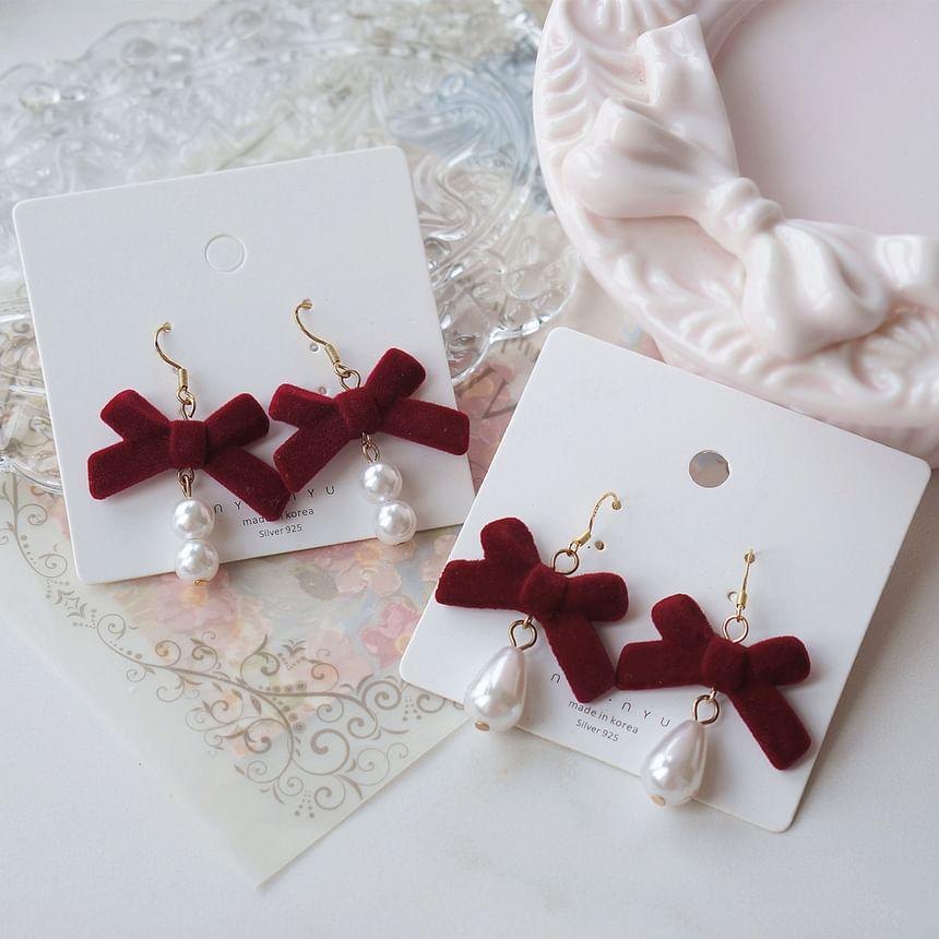 Bow Faux Pearl Drop Hook Earring / Clip-On Earring Product Image