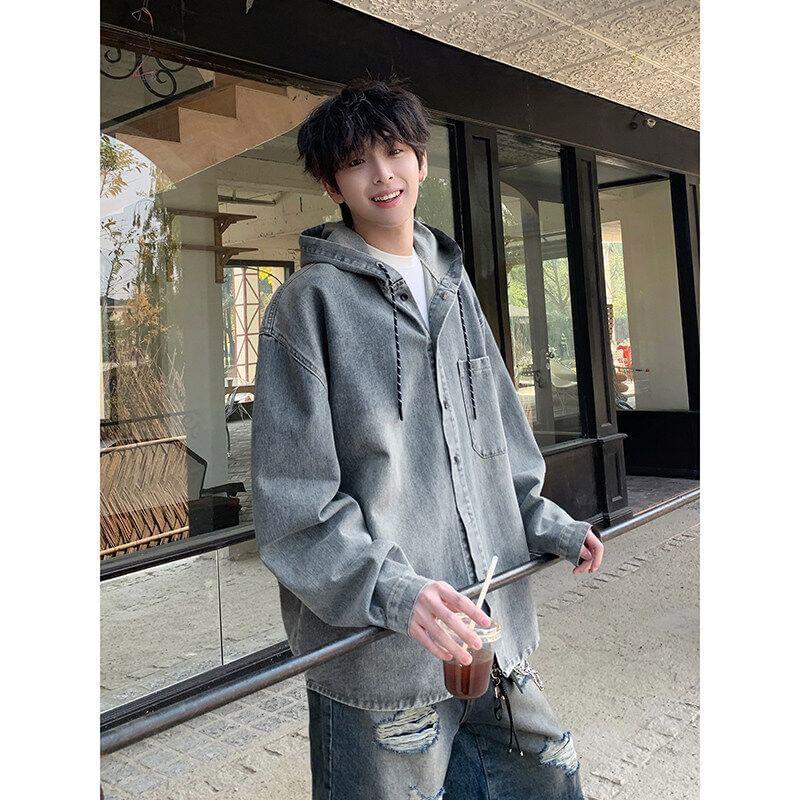 Drop Shoulder Hooded Washed Denim Shirt Jacket Product Image