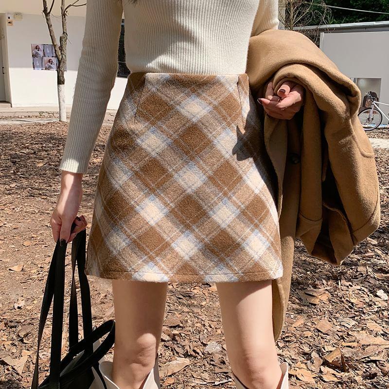 High Rise Plaid Mini A-Line Skirt Product Image